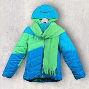 Pacific Trail Winter Puffer Coat Scarf Girls XL 16 Color Block Bright Blue Green